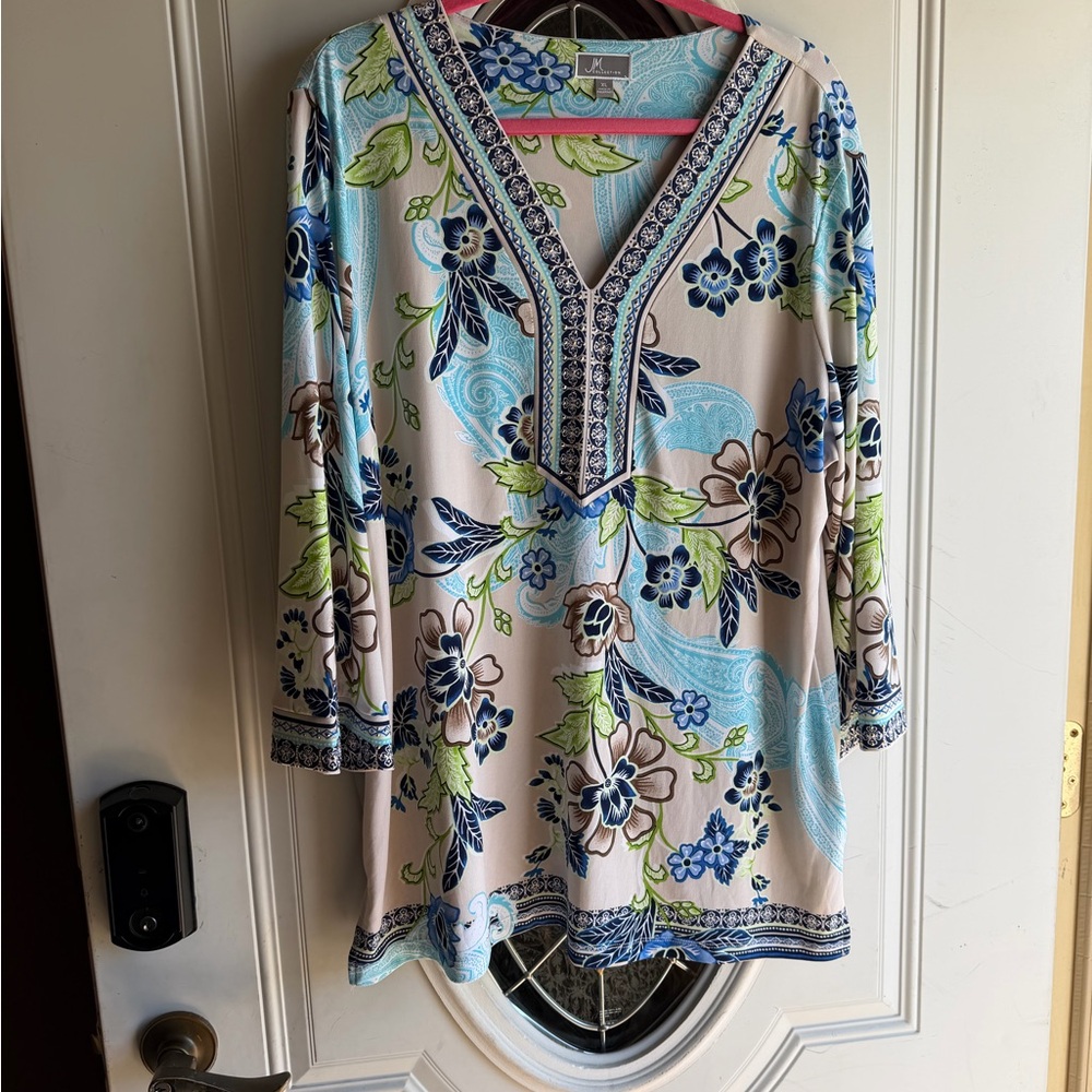 JM Collection Beige Tunic with Blue & Green Floral Print